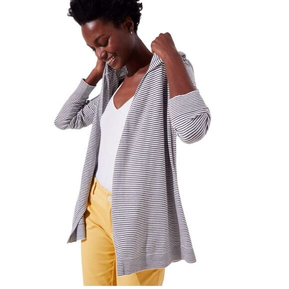 πΉLOFTβSTRIPED OPEN HOODED CARDIGAN - Picture 1 of 6